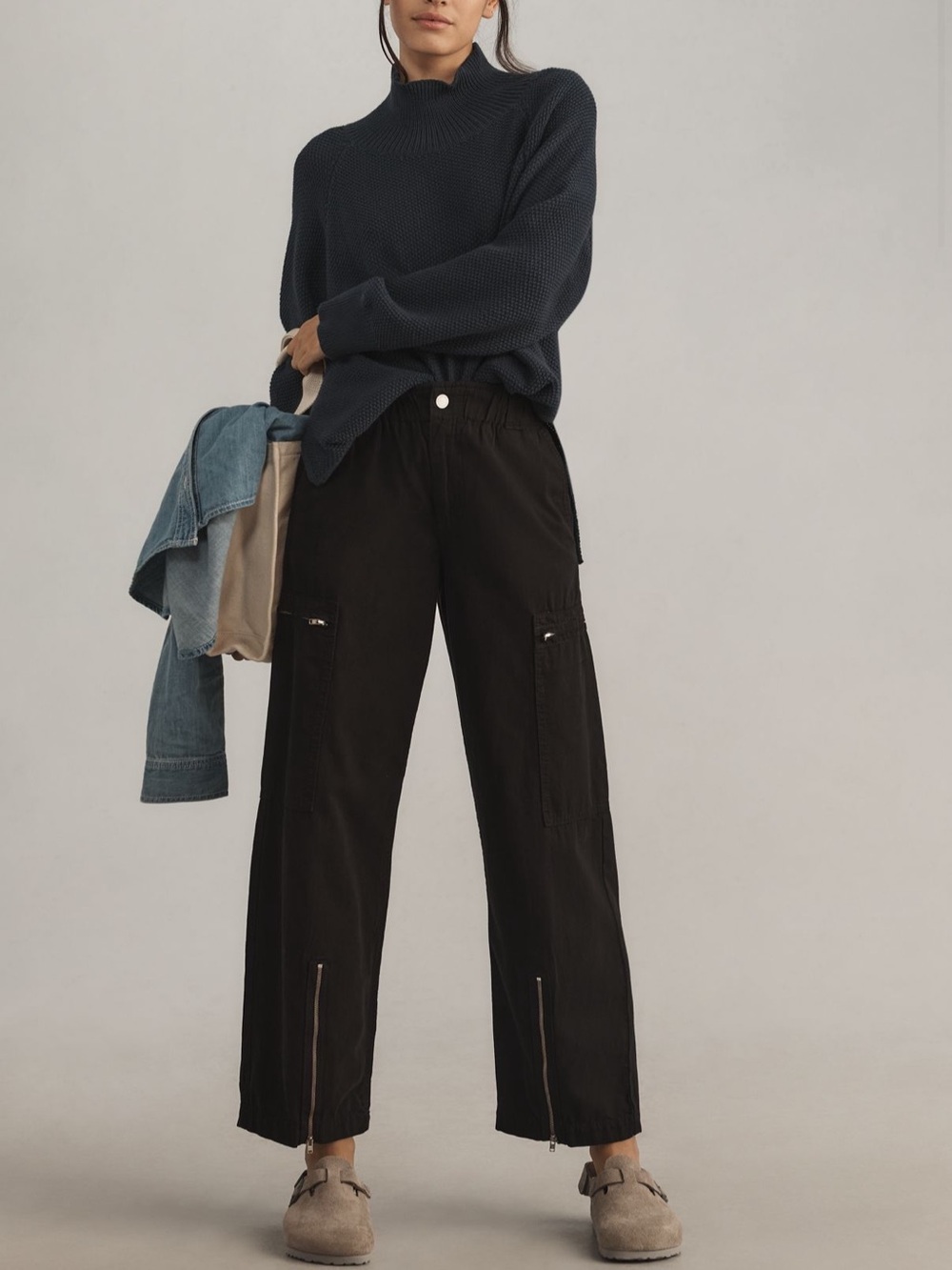 Seventy + Mochi 95% Black Wide-Leg Cargo Pants with Front Zips   Small